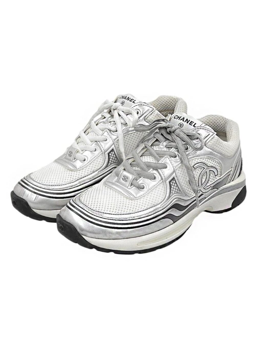 Chanel CC Logo Mesh Leather Sneakers White